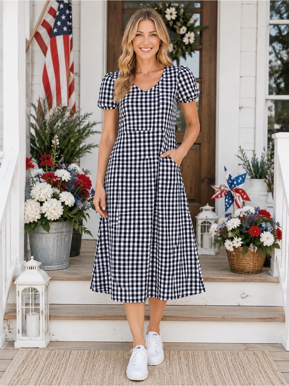 Sweetsalt Gingham Midi Dress Navy White V Neck Puff Sleeve Pockets Size 12